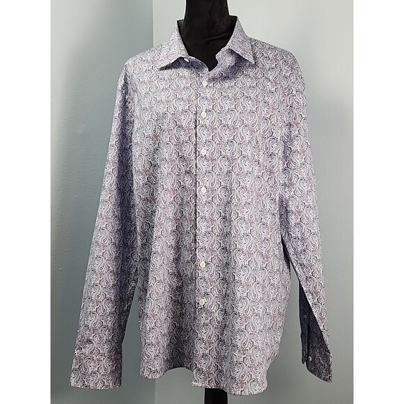 Bugatchi Shaped Fit Long Sleeve Button Down Shirt Comfort Stretch XXL Paisley - Picture 1 of 16